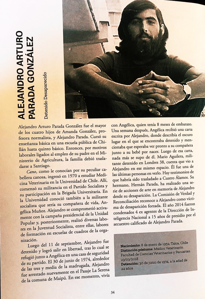 cnashr's tweet image. Expresamos nuestra condolencias a Amanda González, madre de Alejandro Parada, militante socialista secuestrado por la Dina 1974. Estudiante de medicina veterinaria de la @uchile a quien se le entregó su título póstumo en abril de 2018.