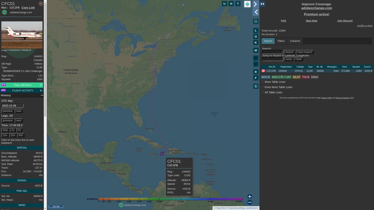 steffanwatkins's tweet photo. 🇨🇦 The Right Honourable Justin Trudeau flew to #Jamaica 🇯🇲 with family aboard #RCAF CC-144D 144620 #C2C1FB call sign #CFC01 on December 26.

Unfortunately, there aren't any #ADSBexchange receivers in Jamaica to pick up the aircraft's transponder.

https://t.co/5OuRIislsm https://t.co/PCwSDY9iOL