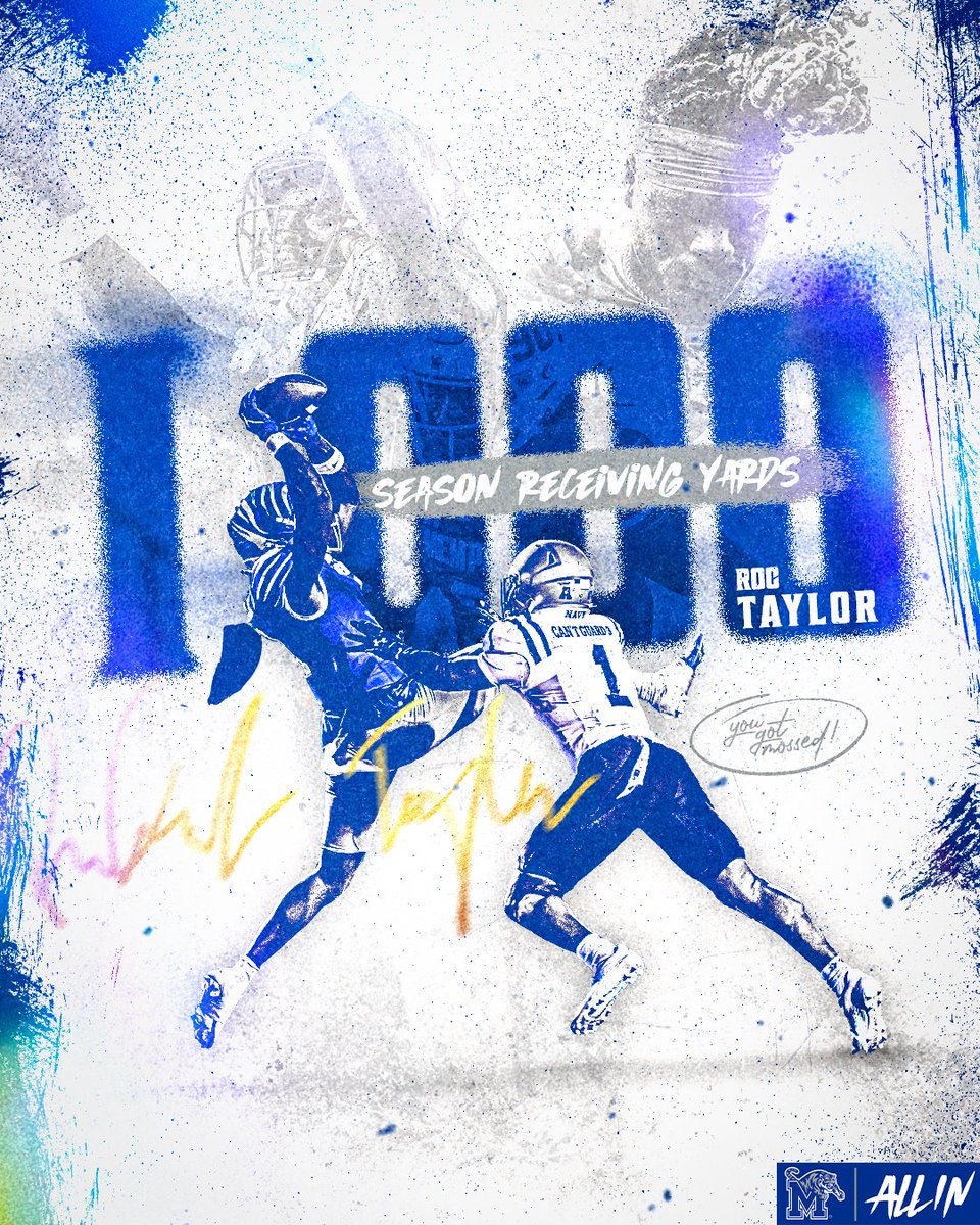 🚨 Milestone Achieved 🚨

<a href="/Roc2shot/">Roc Taylor</a> is just the 5th player ever in Memphis history to eclipse 1,000 receiving yards in a season.

#ALLIN | #GoTigersGo