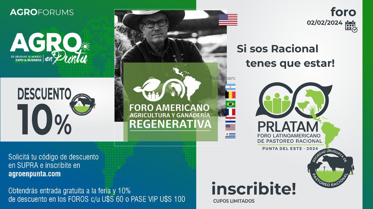 supraorg's tweet photo. No te pierdas el FORO Agricultura y Ganadería Regenerativa junto a @JoelSalatin 🇺🇸 

Y FORO LATINOAMERICANO DE PASTOREO RACIONAL 🇧🇷 🇵🇾 🇦🇷 🇺🇾 en @agroenpunta 
📆 2 de febrero
Socios Dto. 10% .

Inscribite!! 
Ver programa en https://t.co/M2MY8C7gcC

Sigue info… https://t.co/Di4hwpQQ1M