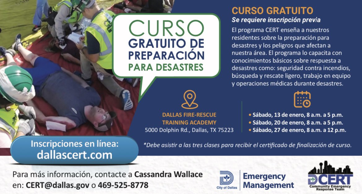 DallasCERT's tweet image. Acompáñenos en el año nuevo 🎉 para el curso en español de CERT. El curso empieza el 13 de enero. Regístrese hoy en DallasCERT.com 

Join us in the new year for CERT in Spanish starting Jan 13th! Register at