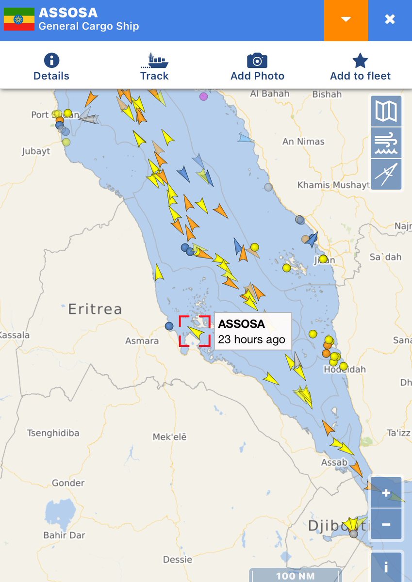 AuetMelache's tweet photo. The latest location update for the #ship named #ASSOSA callsign #ETAO was reported 23 hours ago in the #RedSea using #AIS technology. The vessel is currently on its way to the port of #Massawa (Mitsiwa), which is located in #Eritrea. It is sailing at a speed of 13.0 knots and is expected to arrive at its destination on December 29th at 04:00.

The ship ASSOSA (IMO 9617387, MMSI 624015000) is classified as a General Cargo Ship and was constructed in the year 2012, making it 11 years old. It is currently flying the flag of #Ethiopia.