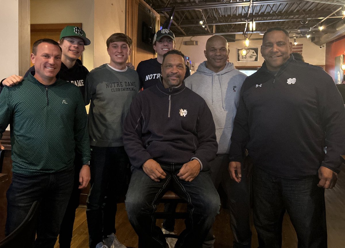 Men of Moeller at the ND watch party. Alex Held (Moe ‘26), Drew Held (Moe ‘22, ND ‘26), Chase Harding (Moe ‘19, ND ‘23), D’Juan Francisco (Moe ‘85, ND ‘89), Montoya Holston (Moe ‘83), Hiawatha Francisco (Moe ‘83, ND ‘87). Mike Larkin (Moe ‘81, ND ‘85) snuck out before the pic