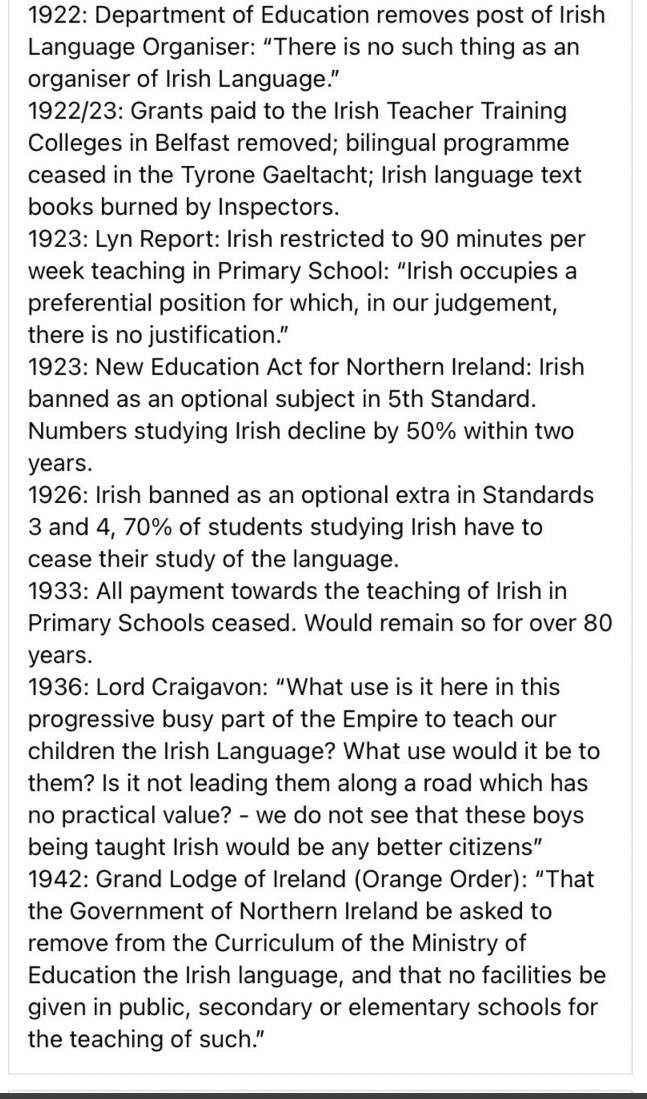 How the Irish language was treated in North of Ireland after partition of Ireland. And keep in mind Ulster still had the most Irish speakers of any province in all Ireland 200 years after the plantations. #Ireland ⁦@chhcalling⁩ ⁦@RishiSunak⁩ ⁦@J_Donaldson_MP⁩