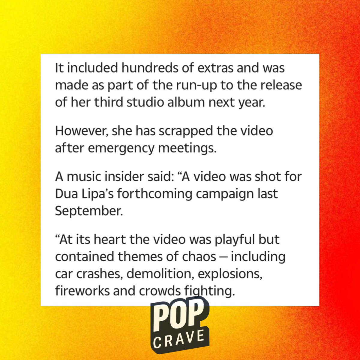 According to The Sun, Dua Lipa scrapped a #DL3 music video featuring “explosions, crowds fighting and chaos.”

Lipa’s team had an “emergency meeting” to pull the video due to the ongoing conflict in Gaza and Israel.
