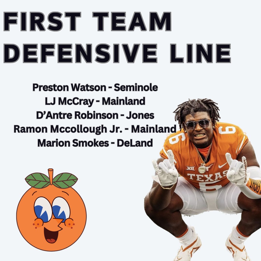 Central Florida First Team: DL🍊

DL was the hardest position to rank.. Mainland has 3 players that could be on this list.. DeLand has 2 that could make the list. So much talent in the trenches this year. 

Spoiler.. Our Central Florida DPOY is on this list. Announcement soon 👀