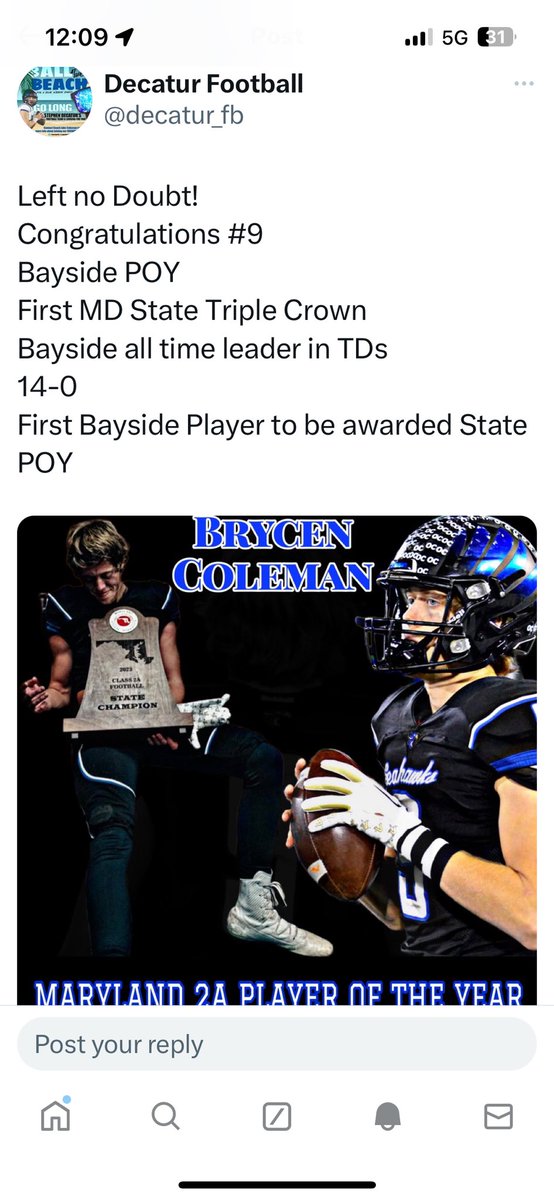brycen_coleman's tweet photo. Grateful to be named ~
All State QB and
MARYLAND 2A POTY !!!!!! 
@decatur_fb 
@VandyFootball https://t.co/9gynDDwcgt