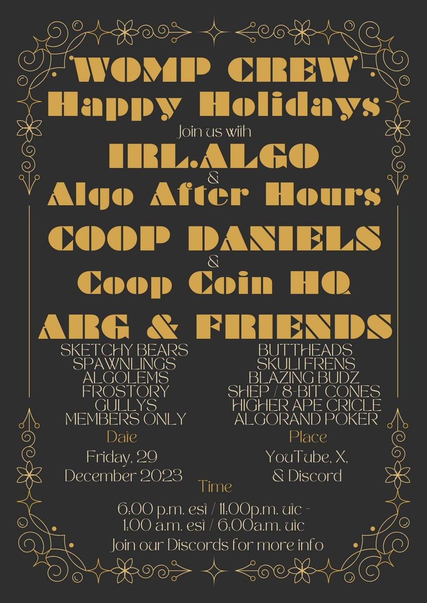 Special event to kick off #Algofam Friday, with @IRLalgo & Algo After Hours Party stays live with @Coop_Daniels & @CoopCoinHQ Action with @AddictRabbit_G & Friends to keep it rowdy #Algorand #AlgoLFG #WompCrew