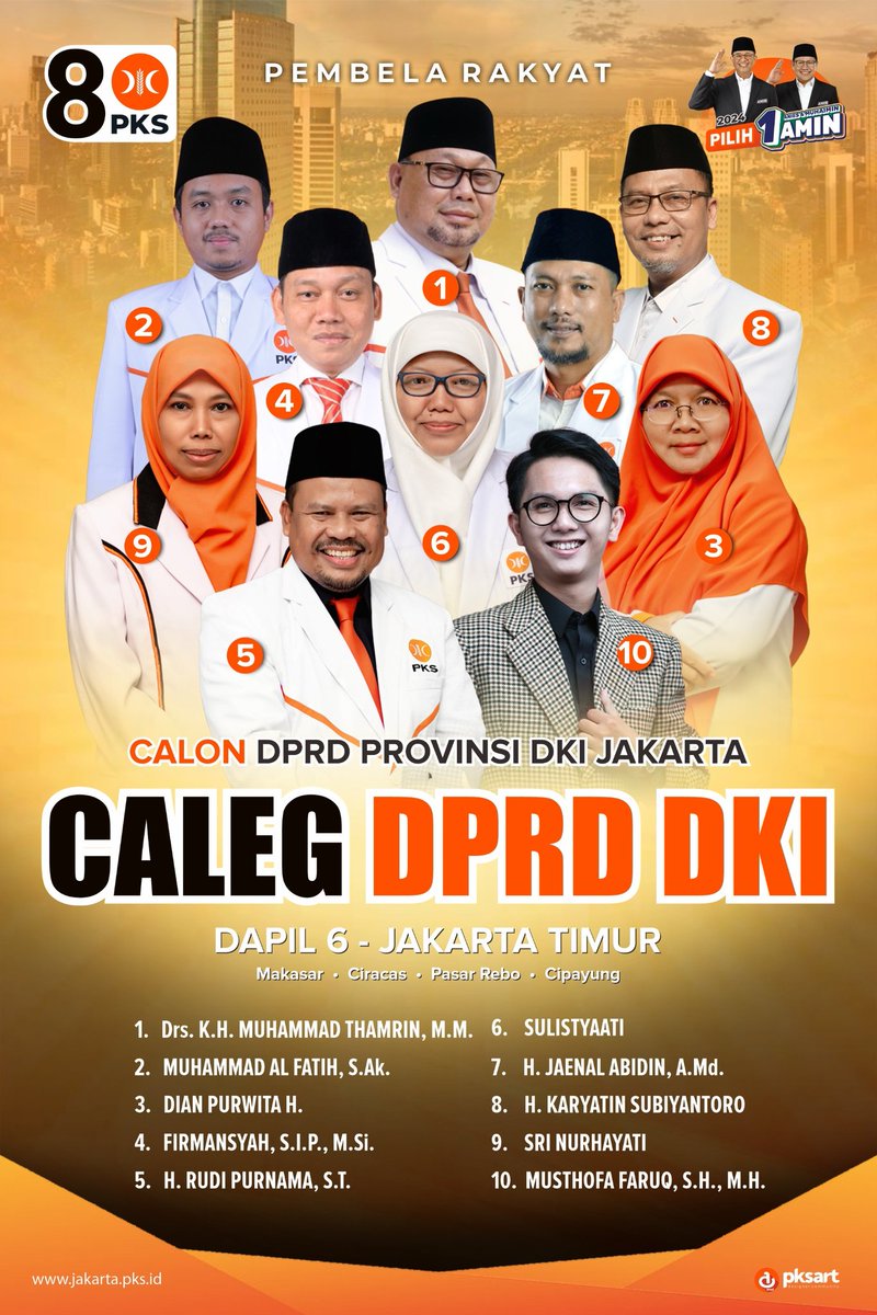 PKSDKIJakarta's tweet photo. Berikut Daftar Calon Anggota DPRD DKI Jakarta Periode 2024 - 2029 dari PKS
Dapil 6 - Jakarta Timur
Makasar, Ciracas, Pasar Rebo, Cipayung
#PilihPKSnomor8 #pks #pksdkijakarta #pksnomor8 #PKSmenangAMIN #PKSmenangAniesPresiden #pkspembelarakyat #PKSsolid #aminmenang https://t.co/C9m1LPPkAc