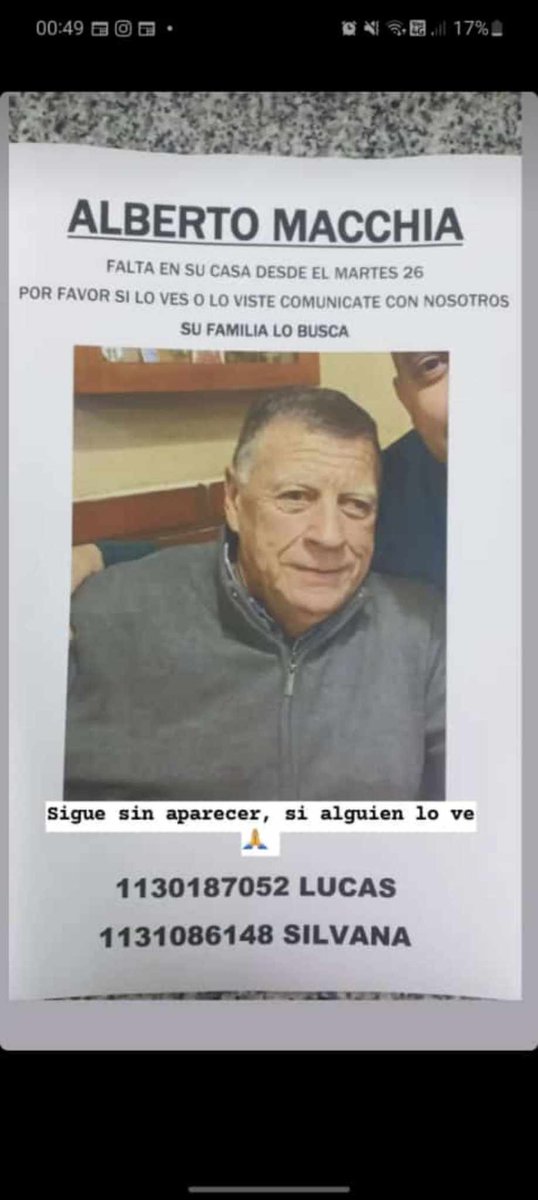 varelainforma's tweet photo. SE BUSCA A ALBERTO MACCHIA

Fue visto por última vez el martes 26 de diciembre en Zeballos. Vestía camisa cuadrille azul con detalles en blanco, jean azul oscuro.

•Por cualquier información
Lucas 1130187052
Silvana 1131086148

O comunicarse al 911. https://t.co/DYTyTwUtTJ