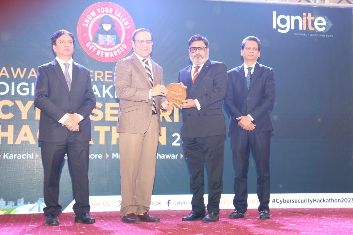 IgniteNTF's tweet image. (a)🏆Honoring #TeamIgnite! #CybersecurityHackathon2023 #AwardsCeremony! Chief Guest, Dr. Umar Saif, Federal Minister IT &amp;amp; Telecom, Syed Junaid Imam, Member IT, MOITT, and CEO Ignite, Asim Shahryar, honored the team&apos;s excellence. #CEOIgnite received appreciation and an Award.👏