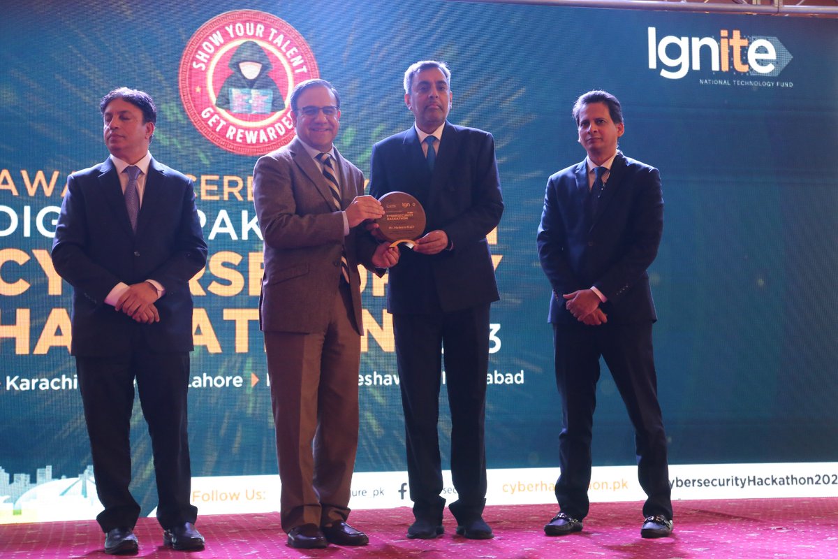 IgniteNTF's tweet image. (a)🏆Honoring #TeamIgnite! #CybersecurityHackathon2023 #AwardsCeremony! Chief Guest, Dr. Umar Saif, Federal Minister IT &amp;amp; Telecom, Syed Junaid Imam, Member IT, MOITT, and CEO Ignite, Asim Shahryar, honored the team&apos;s excellence. #CEOIgnite received appreciation and an Award.👏