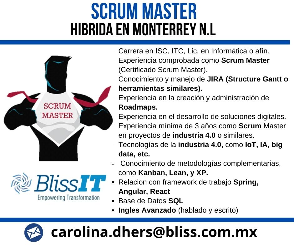 BlissIT1's tweet photo. SCRUM MASTER en Bliss IT https://t.co/TOzxqOeGrm #Hireline via @hireline 

Actualmente en BlissIT Mex estamos buscando un #ScrumMaster para formar parte de un importante proyecto con modalidad de trabajo #hibrido en #Monterrey.

Proyecto de 6 meses a 1 año https://t.co/sdfTjHVcSc