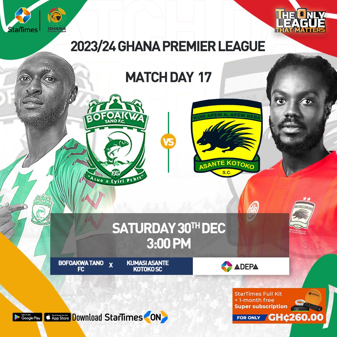 startimesghana's tweet photo. 𝗚𝗛𝗔𝗡𝗔 𝗣𝗥𝗘𝗠𝗜𝗘𝗥 𝗟𝗘𝗔𝗚𝗨𝗘 𝗠𝗗 𝟭𝟳

@bofoakwatano 🆚@AsanteKotoko_SC

Showing live tomorrow at 3pm on StarTimes Adepa channel 247 &amp; StarTimes ON 📲 https://t.co/DYXp74fT2S

#StarTimes #GhanaPremierLeague #BringBackTheLove #GPLwk17 #AKSC #bofoba https://t.co/WyGtsc5bxH