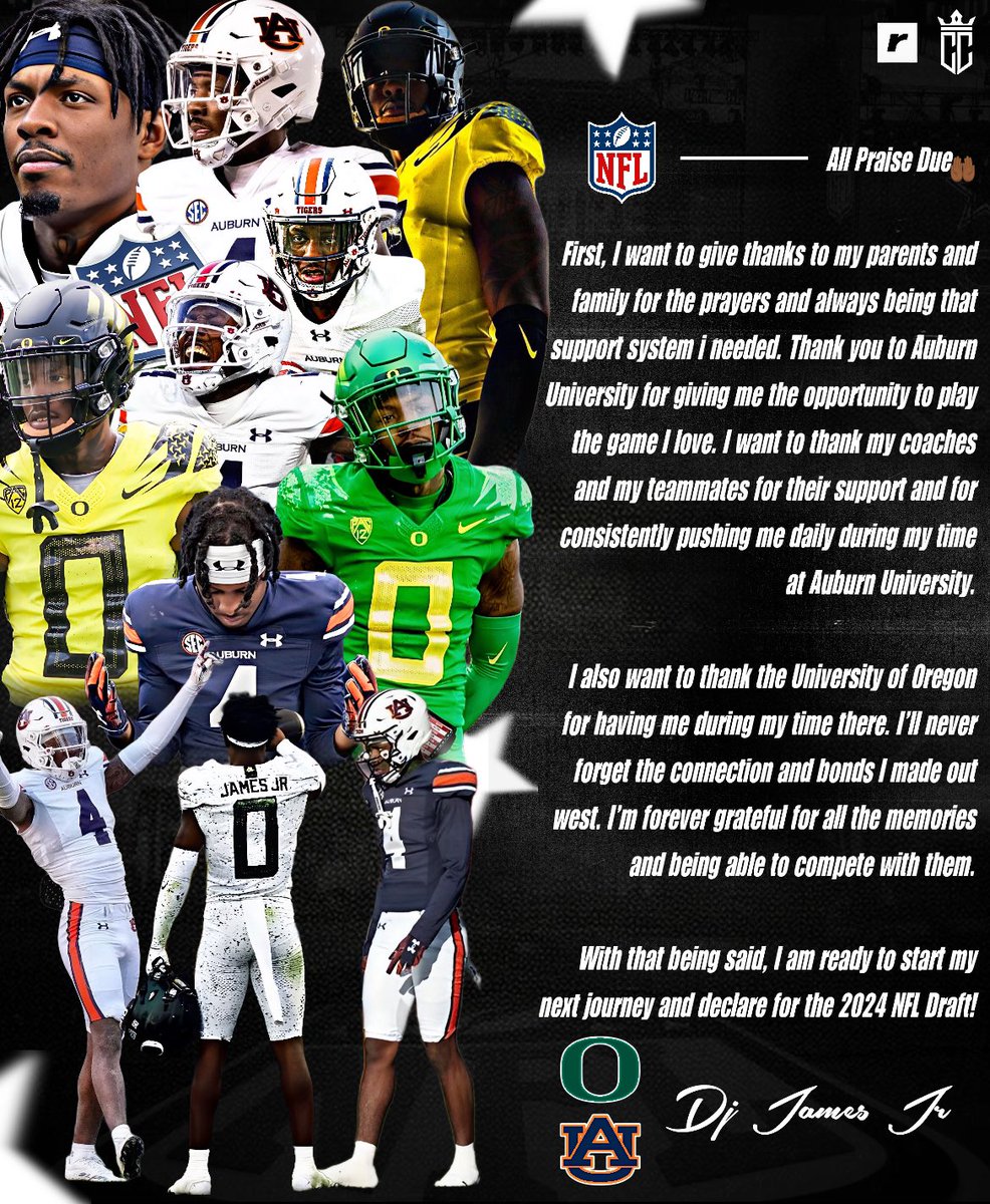 commitcoverage's tweet image. 🚨: Auburn CB, DJ James has announced he is declaring for the 2024 NFL Draft!

He is rated the No. 17 defensive back among draft-eligible players in the upcoming draft . He had a combined 147 tackles and 5 interceptions during his five-year career spanning from Oregon to Auburn.