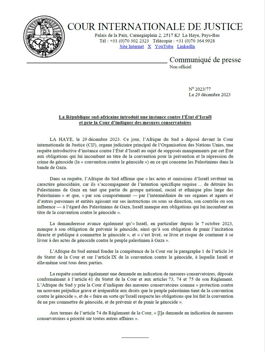 COMMUNIQUÉ: L’#AfriqueduSud introduit une instance contre l’#Israël et prie la #CIJ d’indiquer des mesures conservatoires 
bit.ly/3GYtLMH