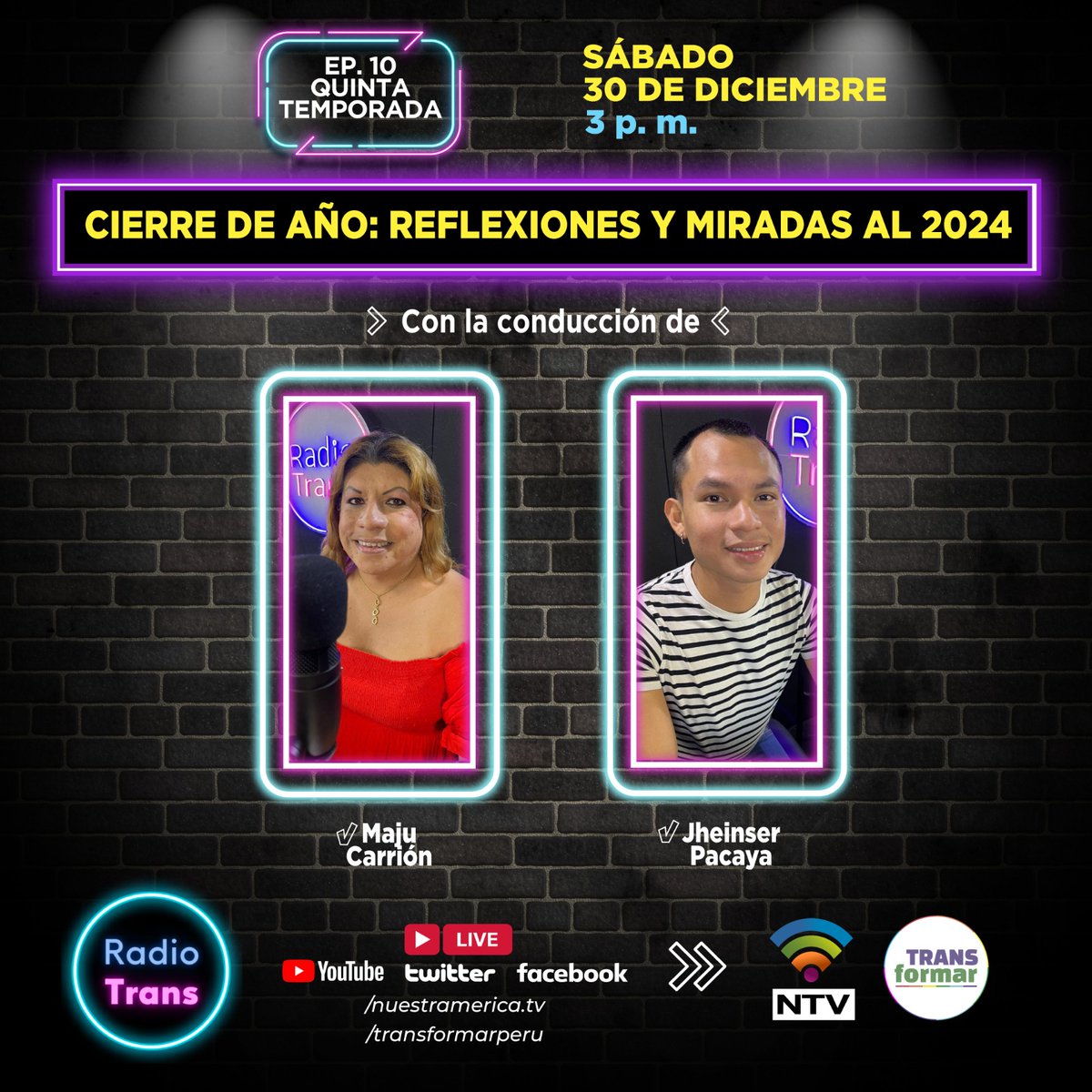 Transformarperu's tweet photo. 📣🌈Conéctate a un nuevo episodio de #RadioTrans. Hablaremos sobre los temas que debatimos a lo largo de la temporada y sobre los desafíos de la comunidad LGBTIQ+ para el 2024
🗓️ Sábado 30
🕙 3 P. M.
🔴 EN VIVO por las redes de @TvNuestramerica y el Facebook de Transformar. 🏳️⚧️ https://t.co/A1tPB984TO