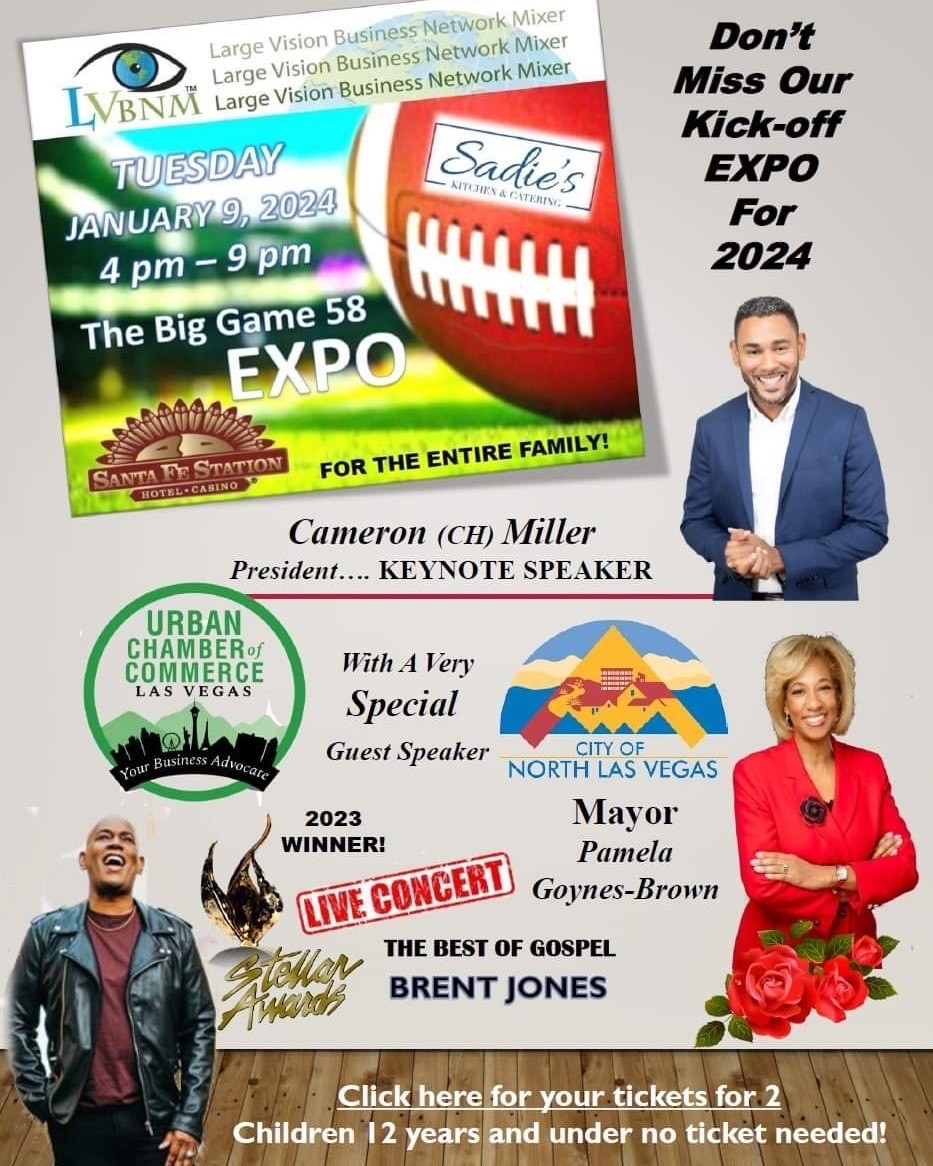 Kick off the new year at the Large Vision Business Network Mixer on January 9th from 4-9 pm. Come hear from our President, CH Miller.  If you are interested in tabling, please contact Ms. Pam at (702) 808-6927!  Register today: eventbrite.com/e/lvbnm-the-bi…. See you there! 🎉