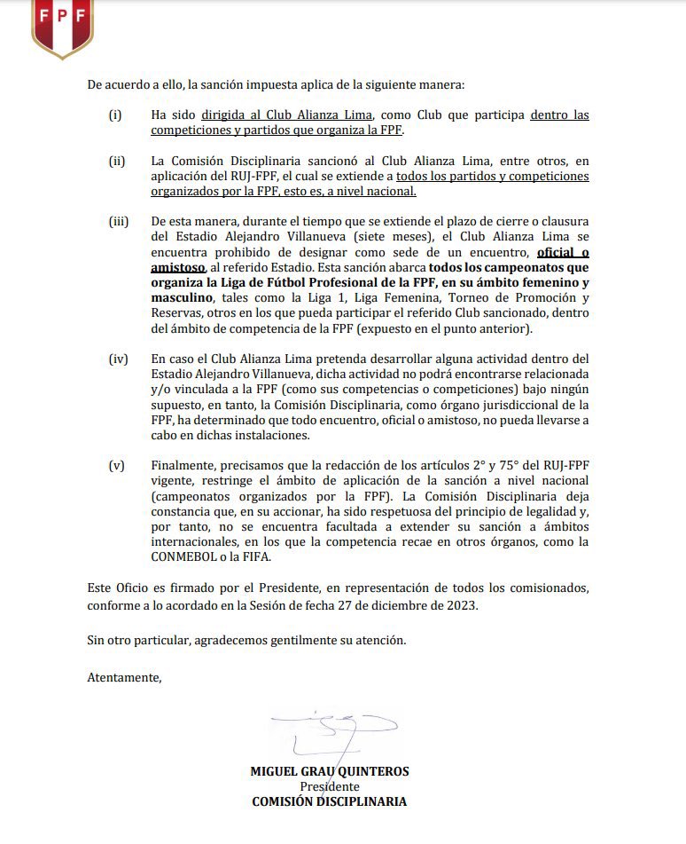ErickOsores's tweet image. ¡ATENCIÓN! Alianza Lima podrá disputar los partidos de la Copa Libertadores en 🏟️ Matute. 

➡️La Comisión Disciplinaria de la FPF señaló en resolución que la sanción de 7 meses NO se efectúa para encuentros de torneos internacionales.