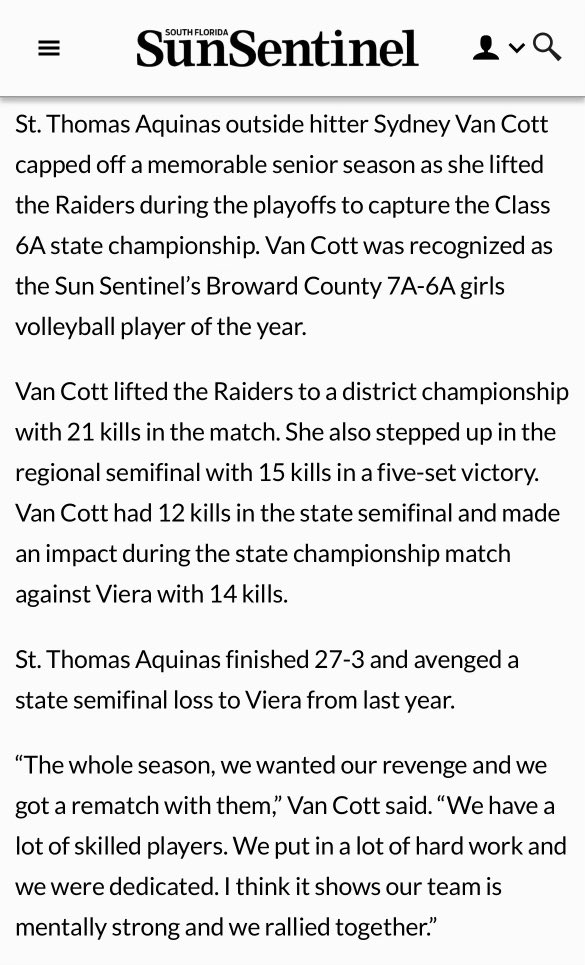 sydney_vancott's tweet photo. Player of the Year! Thank you to: @SunSentinel @staraidervb @TwanRussell @AquinasRaiders @coachzielinski @BCAA_Sports @fhsaa_officiall
@MercerBearsVB https://t.co/UowDwf2qmm