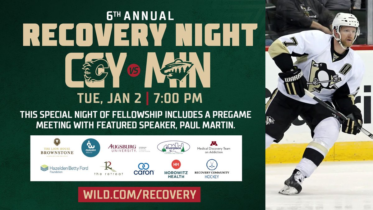 Join us on Jan. 2 as we help ring in 2024 by celebrating recovery with the Minnesota Wild! 1,500 tickets sold &amp; more available for this amazing annual tradition that begins w/ a pre-game speaker meeting featuring former NHLer Paul Martin at 5:30 pm.. tinyurl.com/s6sn22re