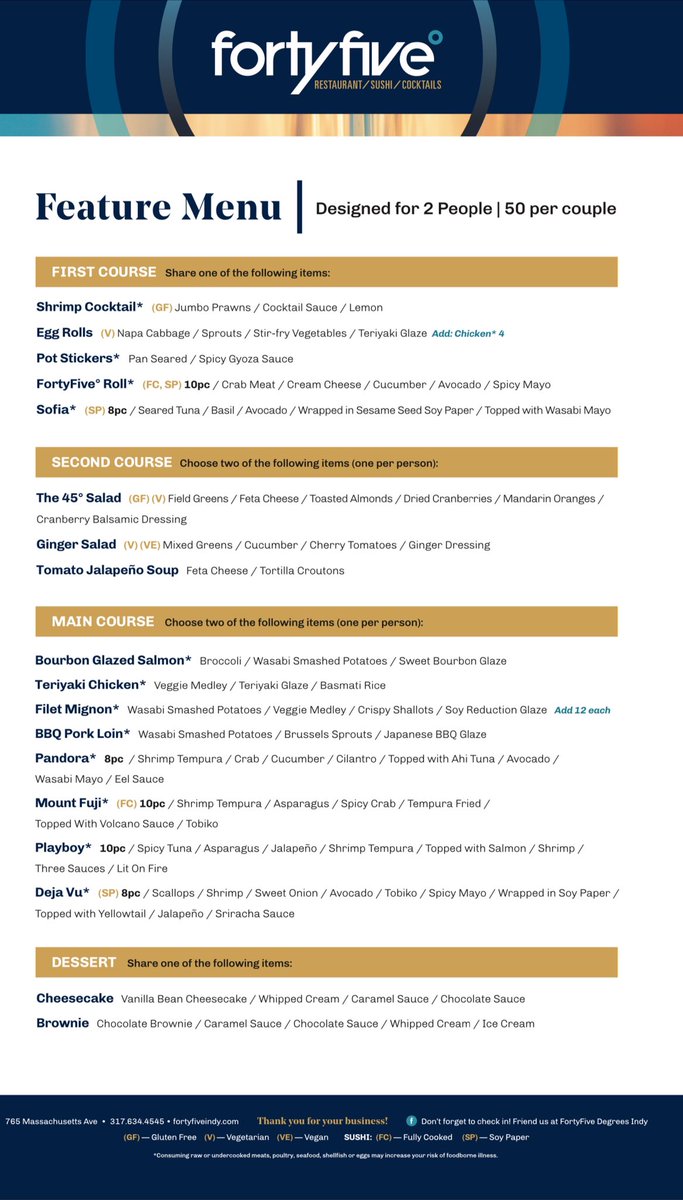 Take advantage of our awesome Feature Menu running now till Dec 31st. Beat the NYE crowd and join us Tonight or Tomorrow. Give us a call to make reservations 317-634-4545