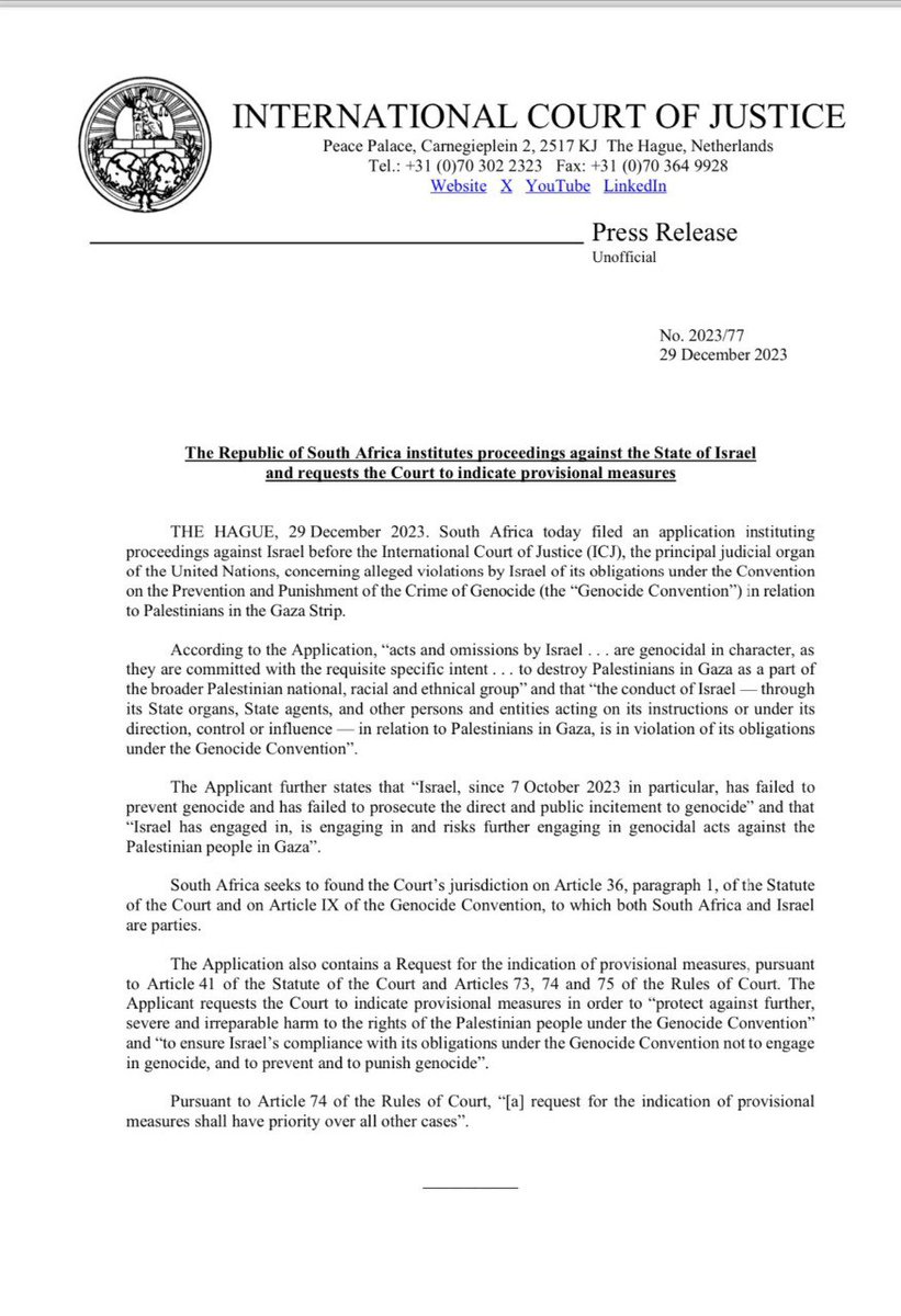 Timesofgaza's tweet photo. BREAKING | South Africa initiates legal proceedings against the State of Israel with the International Court of Justice under the Genocide Convention https://t.co/0bmmoxQPnm