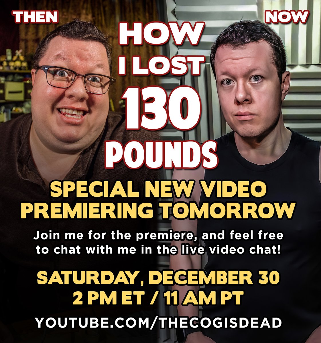 TOMORROW I'm doing a live premiere of a special video where I talk in-depth about my lifelong struggle with overeating &amp; how I managed to change my habits &amp; lose 130 pounds &amp; transformed my health!
Join me Sat, Dec 30 at 2 PM ET / 11 AM PT &amp; join the live chat w me on YouTube!