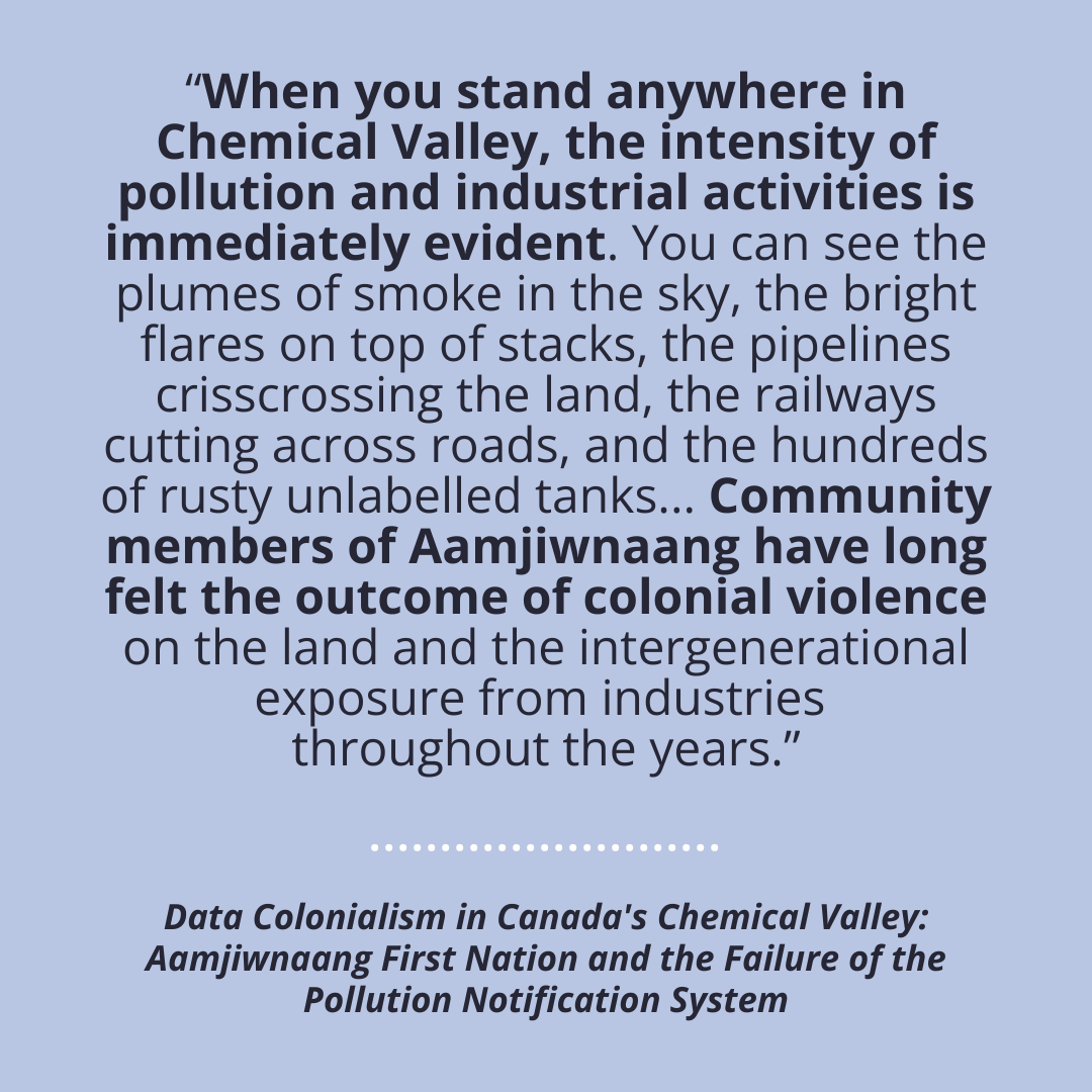 Check out this report, Data Colonialism in Canada's Chemical Valley: Aamjiwnaang First Nation and the Failure of the Pollution Notification System, at yellowheadinstitute.org/data-coloniali… @Yellowhead_ @TRU_UofT #IndigenousClimateAction #ColonialismCausesClimateChange #Colonialism