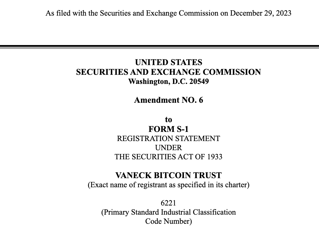 BitcoinMagazine's tweet photo. JUST IN: 🇺🇸 VanEck filed it's sixth amendment to it's spot #Bitcoin ETF with the SEC.

And here they come 👀