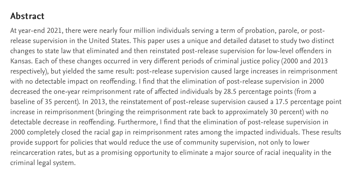 Interesting new working paper on community supervision reforms. Looking forward to reading this! 'Abolish or Reform? An Analysis of Post-Release Supervision for Low-Level Offenders' by @ryan_sakoda papers.ssrn.com/sol3/papers.cf…