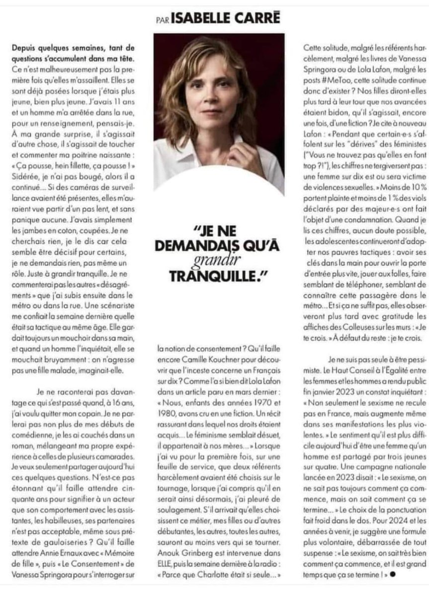 A lire cette tribune d’Isabelle Carré 👇
« Le sexisme, on sait très bien comment cela commence et il est grand temps que ça se termine ».
