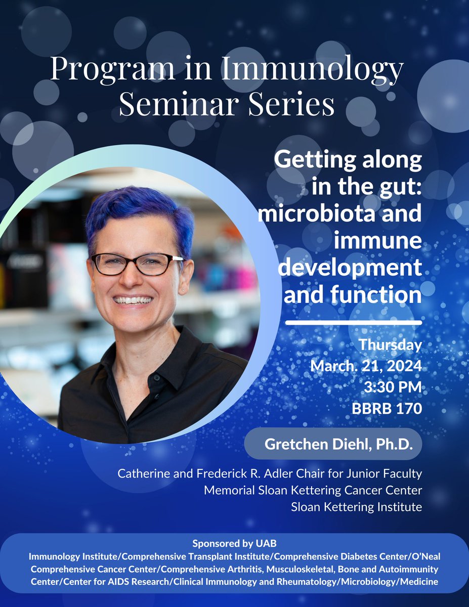 Come join us for this week's Program in Immunology seminar series featuring Dr. Gretchen Diehl from the Memorial Sloan Kettering Cancer Center. See you at 3:30 pm on Thursday!