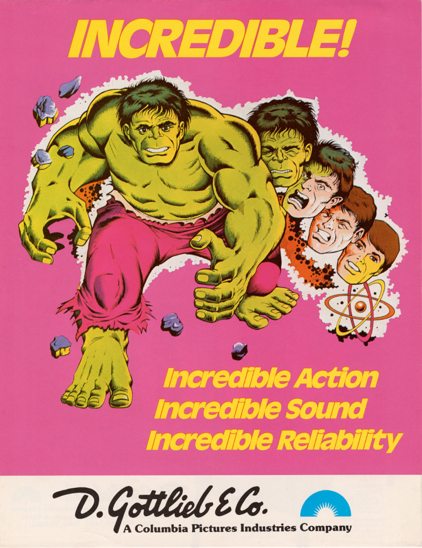 1979 arcade promo flyer for The Incredible Hulk pinball game from D. Gottlieb & Co.