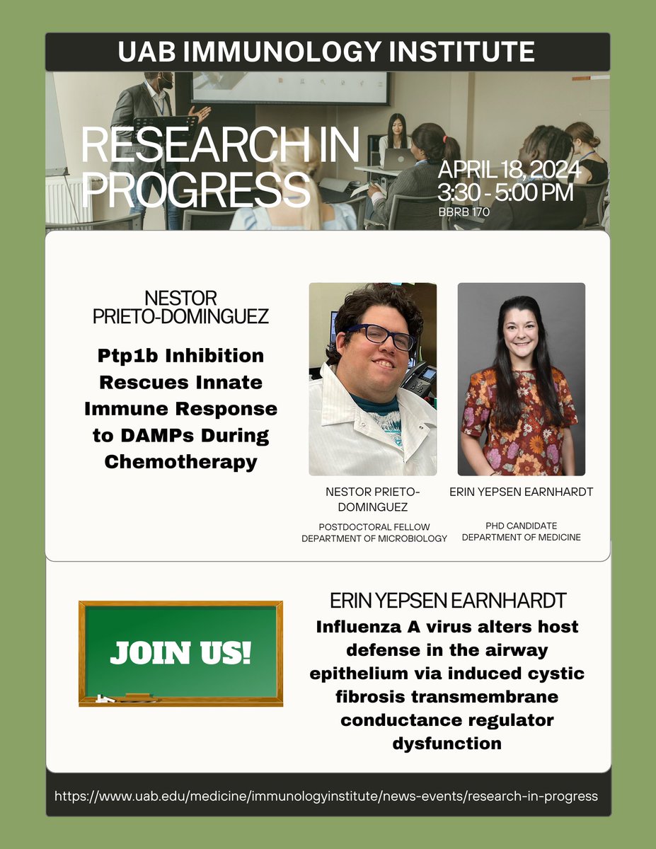 The Immunology Institute's Research-In-Progress will be held on April 18, featuring Nestor Prieto-Dominguez and Erin Yepsen Earnhardt. Come join us at 3:30 pm at BBRB 170!