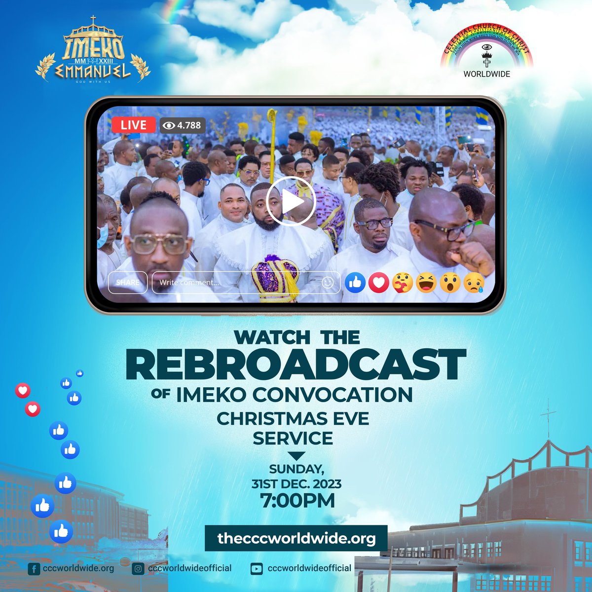 The Broadcast of the Christmas Eve service will be aired Live on social media as shown on the attached flyer, 7pm this sunday.
Kindly share this information and don't miss the broadcast.
#Imeko2023 #CCCWorldwideOfficial #Omocele #CelestialChurchOfChrist #christmas