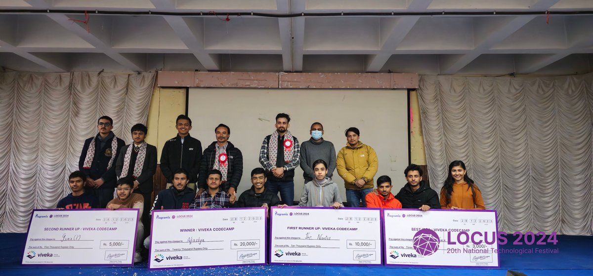 locus_ioe's tweet image. Cheers to Synergy for Encouragement award, Team Enigma for the Best Idea, GAMA - 2ND RUNNER UP, THE NOVICE - 1ST RUNNER UP, and AGASTYA as the WINNERS.
Kudos to every participant. 
Here are some captivating glimpses of the event.
#LOCUS2024 #Codecamp #Viveka #LOCUS