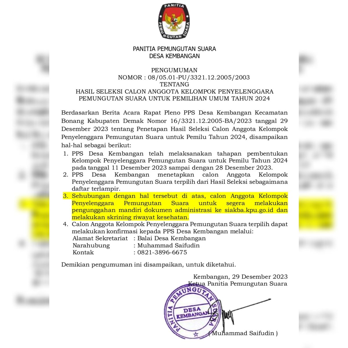 KembanganPps's tweet photo. PENGUMUMAN KPPS PEMILU 2024 TERPILIH.

Catatan :
Bagi yang Terpilih DIWAJIBKAN upload berkas pendaftaran di aplikasi SIAKBA KPU berupa PDF. Bisa mendatangi sekretariat PPS Kembangan untuk bisa menjadikan Berkas manual ke PDF. https://t.co/mq1AYm1QCb