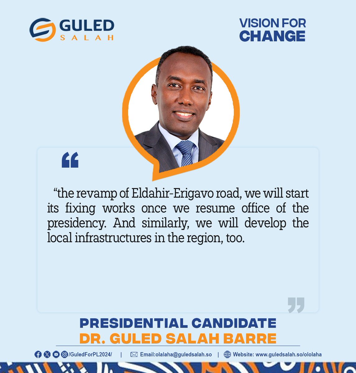 GuledforPL2024's tweet photo. Asked on his policy towards the revamp of Eldahir-Erigavo Road in Sanag rgion; Presidential candidate Dr. @GuledS_ reacted that.
#GuledforPuntland2024 #Vision4change. #AHopefulPuntland https://t.co/AscsYTGUF0