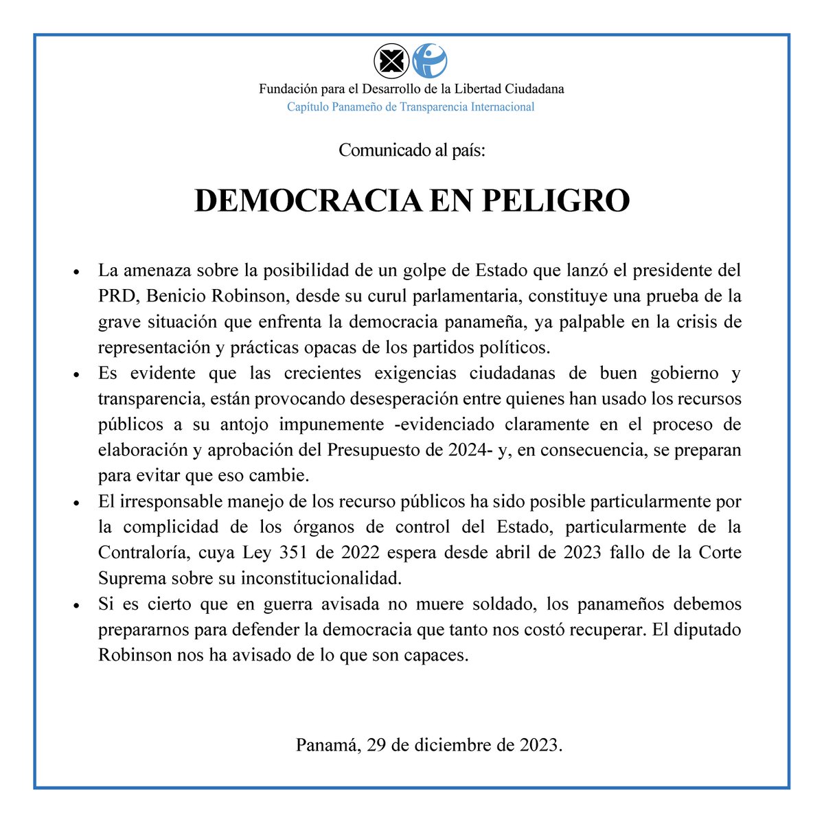 Si es cierto que en guerra avisada no muere soldado, los panameños debemos prepararnos para defender la #Democracia que tanto nos costó recuperar. El presidente del <a href="/PRDesPanama/">PRD Panamá</a>  diputado <a href="/BenicioRobinson/">Benicio Robinson</a>  nos ha avisado de lo que son capaces, por ello nuestro comunicado al país