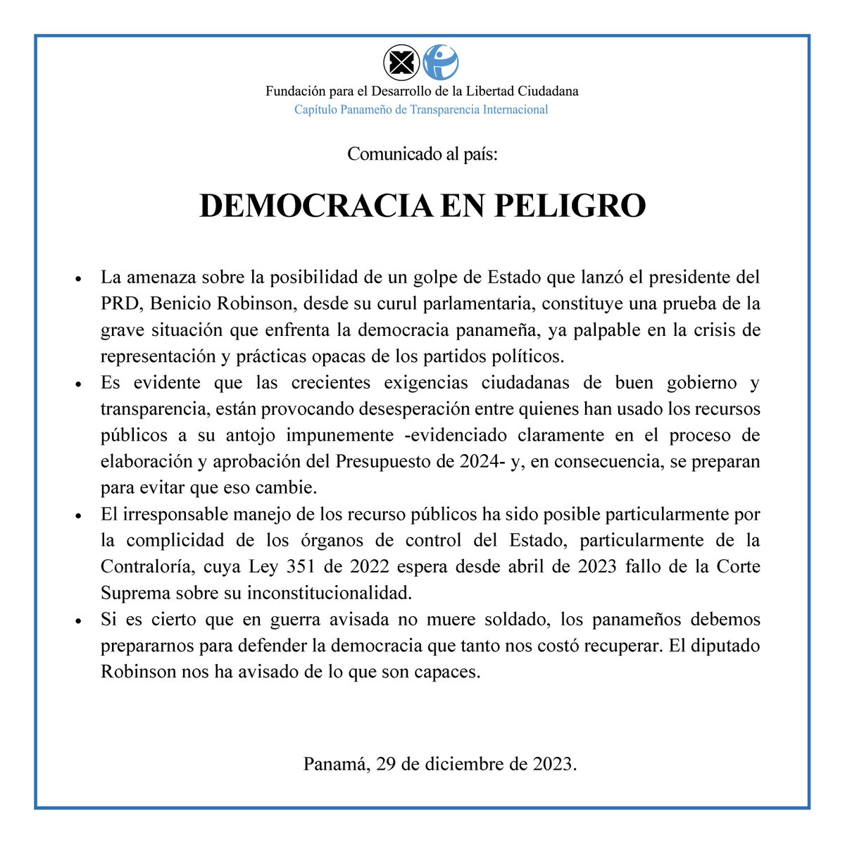 Si es cierto que en guerra avisada no muere soldado, los panameños debemos prepararnos para defender la #Democracia que tanto nos costó recuperar. El presidente del @PRDesPanama diputado @BenicioRobinson nos ha avisado de lo que son capaces, por ello nuestro comunicado al país…