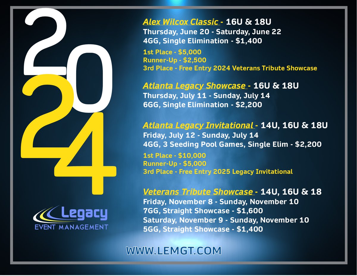 Registration is open for the 2024 Summer  Legacy Events (Veterans Tribute opening soon).  

lemgt.com