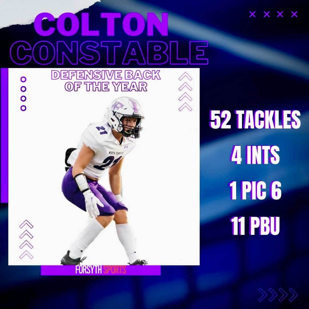 North Forsyth's Colton Constable — 2023 Forsyth County News Defensive Back of the Year.