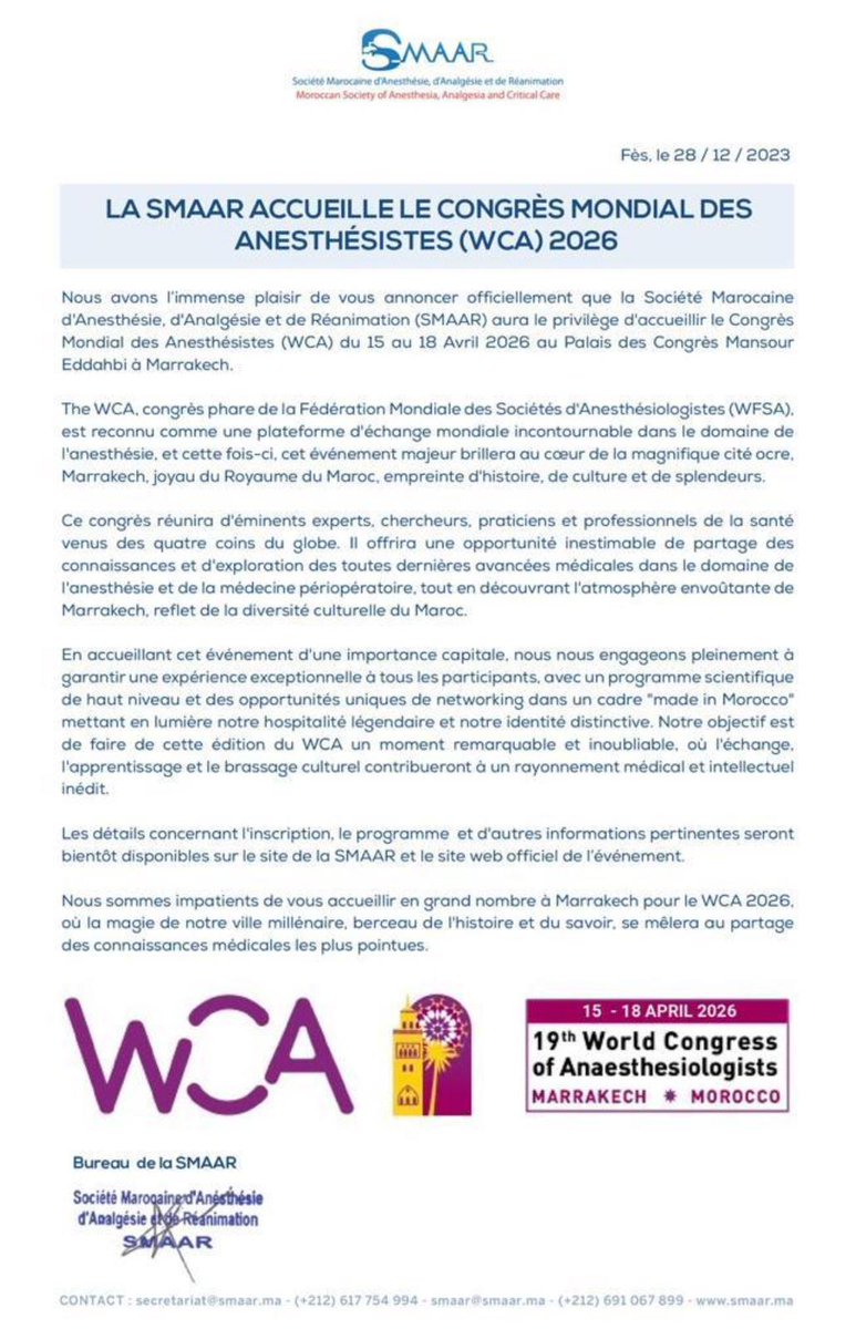 La SFAR félicite ses amis de la SMAAR qui accueilleront le WCA en 2026 👏

<a href="/SFARJeunes/">SFAR Jeunes</a> <a href="/AJARFrance/">AJAR France 🇫🇷</a> @SNjeunesAR @IADE_de_France <a href="/contactfnir/">Fédération Nationale des Infirmiers de Réanimation</a> <a href="/SNPHARE/">SNPHARE</a> <a href="/SyndicatSnarf/">SNARF</a> <a href="/cnear_fr/">CNEAR Anesthésie Réanimation</a> <a href="/SNIA75/">SNIA : Syndicat Nal des #IADE</a> <a href="/ISNItwit/">ISNI - InterSyndicale Nationale des Internes</a>