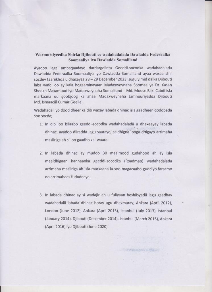 WAR MURTIYEED. Dowladaha Jamhuuriyadda Somaliland iyo Somaliya oo ku heshiiyey in dib loo bilaabo wadahadalkii u dhaxeeyay labada dhinac.