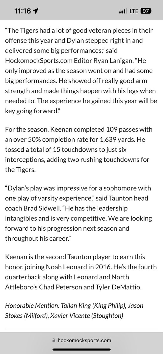 Grateful to be named @HockomockSports Underclassmen of the Year and Top 5 QB. @TauntonFootball @tauntonhstigers @CoachMLet12 @CoachSidwell @capecodqb @PRZNewEngland @PRZ_CoachSilva