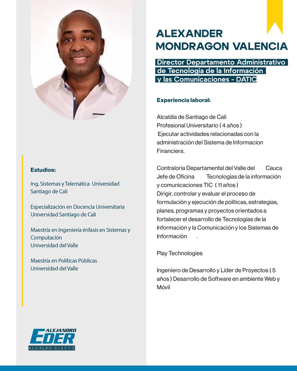 alejoeder's tweet photo. Alexander Mondragón Valencia será nuestro nuevo Director Departamento Administrativo de Tecnología de la Información y las Comunicaciones - DATIC. https://t.co/lwdegoLbmF