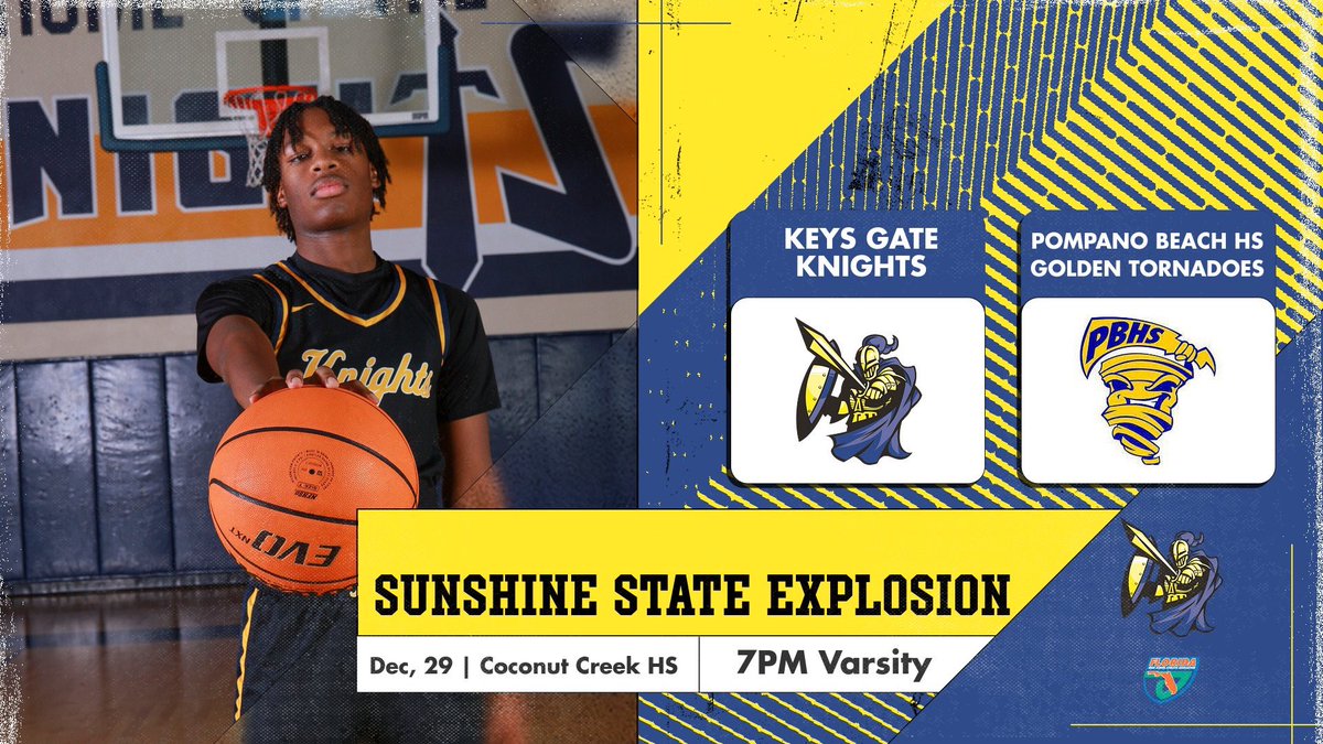 KeysGateMBB's tweet photo. Holiday hoops keeps rolling as your @KeysGateMBB Knights take on the Pompano Beach HS Golden Tornadoes in the Sunshine State Explosion at Coconut Creek HS! Sure to be a great game to cap off a great event come out and support!
#SecureTheGate
#UknightedWeStand⚔️
#KeysGateNation https://t.co/4WicH3yl3I