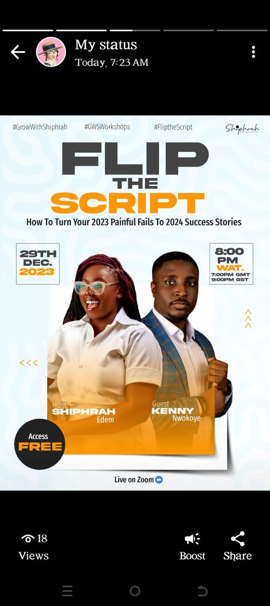 Blee103's tweet photo. I'm glad I signed up for the Flip the Script Workshop with @EdemShiphrah. 
It's today guys, at 8p.m
#FliptheScript https://t.co/5ctbx9M9rs