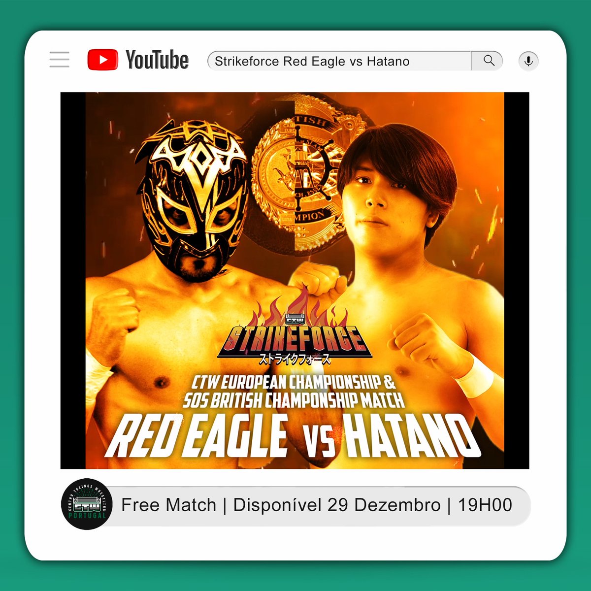 CTWPortugal's tweet photo. É já daqui a nada‼️FREE MATCH no YouTube, às 19h LIVE!
Strikeforce 2023
- Red Eagle Vs. Hatano
@heatuppw
🔗 LINK:
https://t.co/J3b9IrixUX
Não percas!!
#live #youtube #freematch #wrestling #lutalivre #japan #fightingspirit #heatuppw https://t.co/7X0QInn8c5